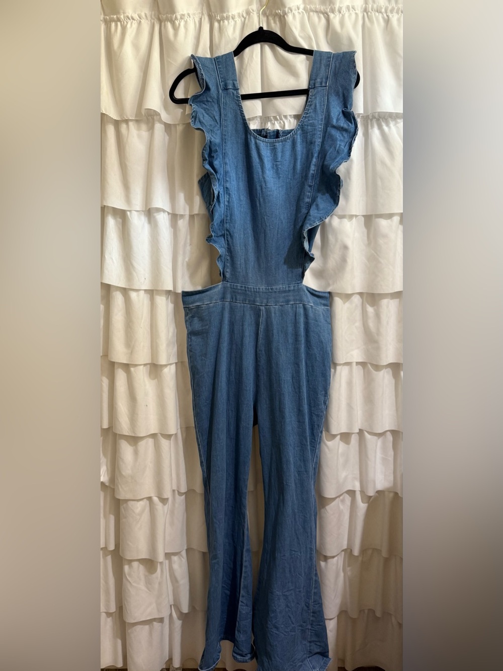 Denim Blue Women's Jumpsuit Jeans with Ruffle Sleeves